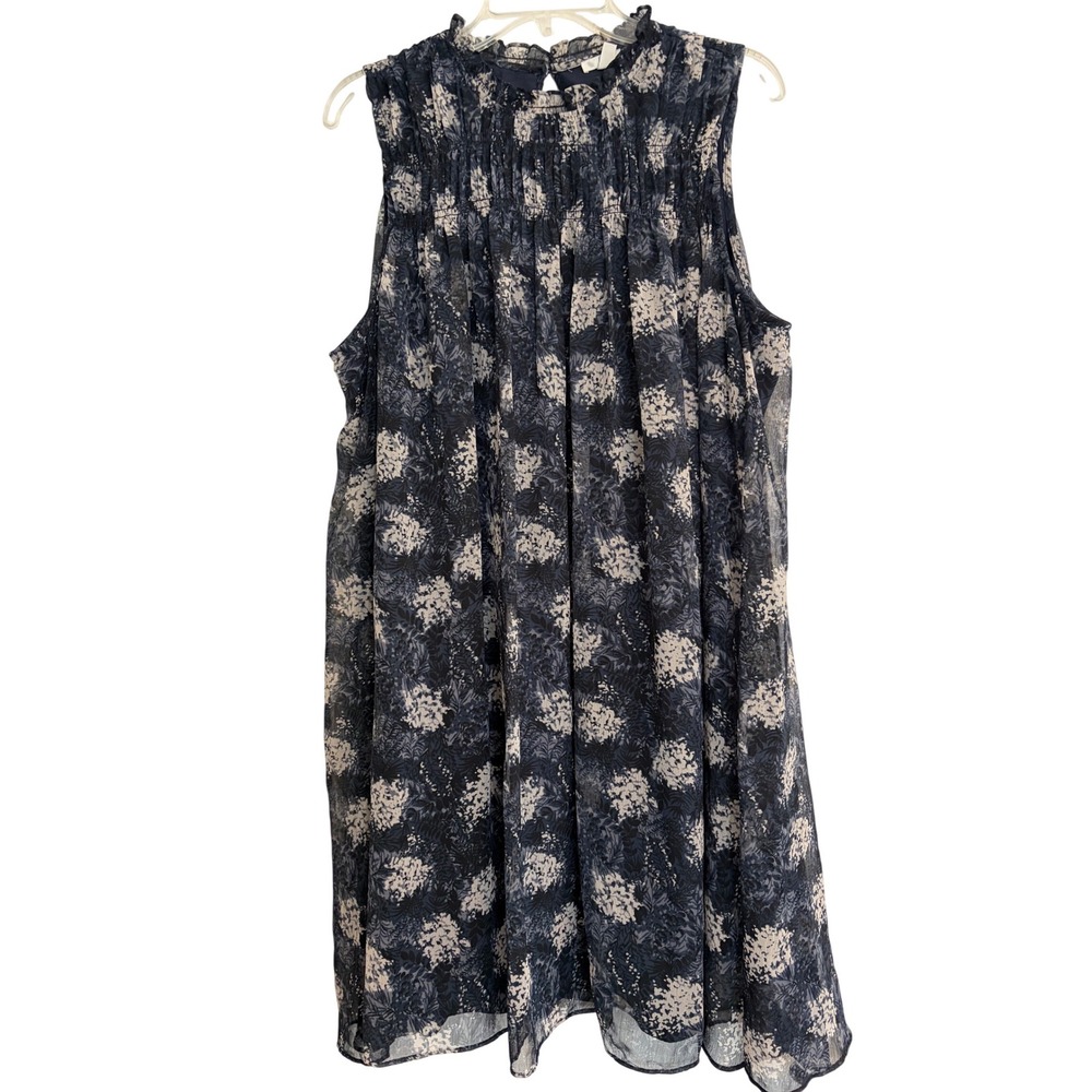 Joie Navy Blue Floral Smocked High Neck Sleeveless Shift Dress Large Shear Flowy